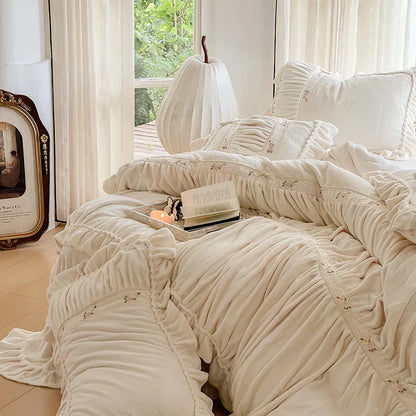 DecorBites™ French Pleat Lace Ruffles Bedding Set, Velvet Fleece Duvet Cover, Embroidered Flowers