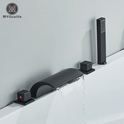 DecorBites™ Black Brass Waterfall Tub Faucet Three Handles Hot Cold Mixer