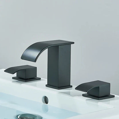 DecorBites™ Brushed Gold Black Dual Handle Waterfall Bathroom Sink Faucet, Deck Mounted