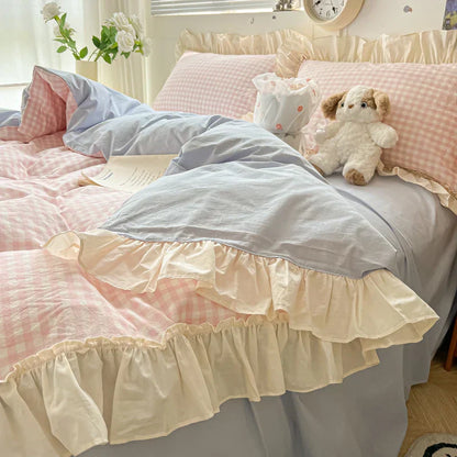 DecorBites™ Korean Princess Style Cotton Bedding Set with Ruffles and Lace
