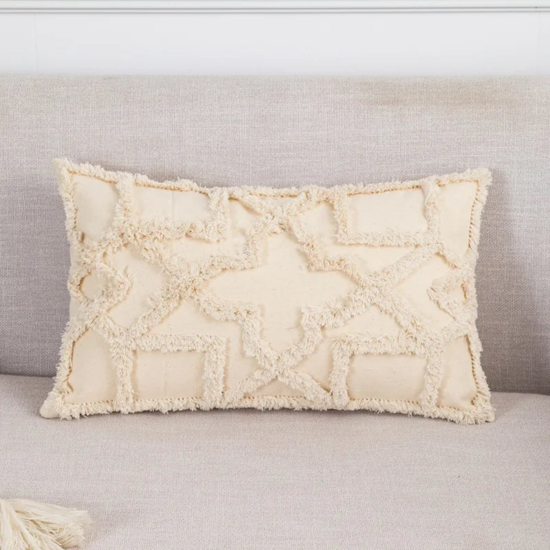 DecorBites™ Boho Tufted Beige White Tassel Pillow Cover Home Decor Square Beaded Case