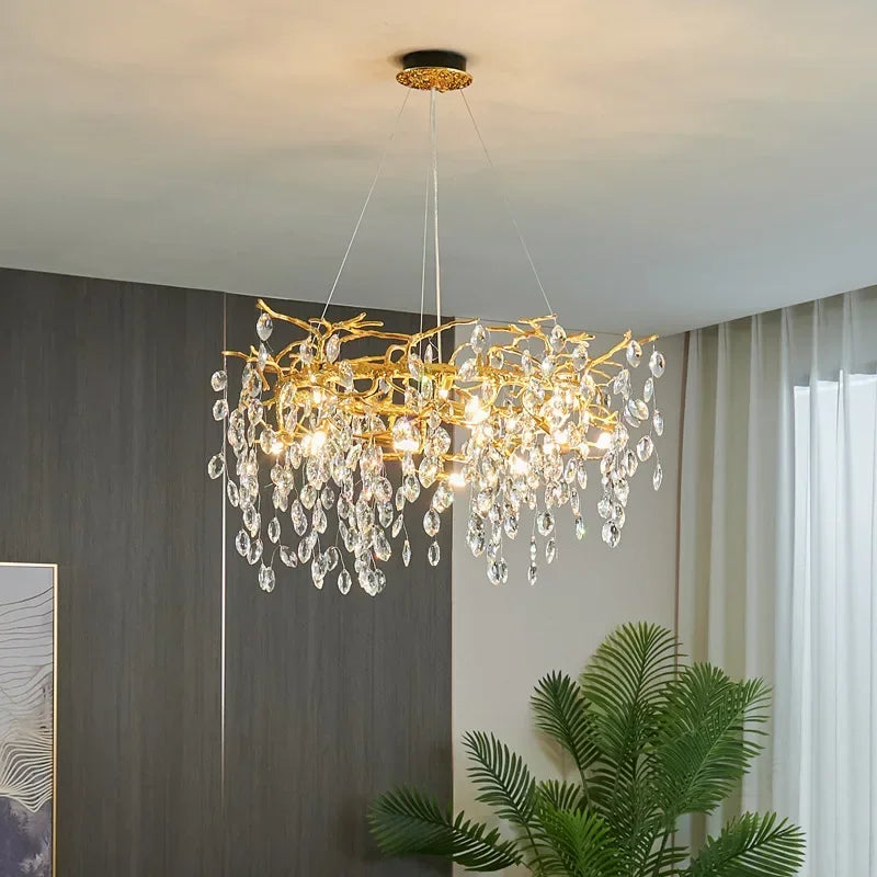 DecorBites™ Golden Crystal Tree Ceiling Chandelier, Luxury Aluminum Art Fixture