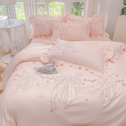 DecorBites™ Ice Silk Embroidered Ruffles Duvet Set with Cool & Skin-Friendly Feel