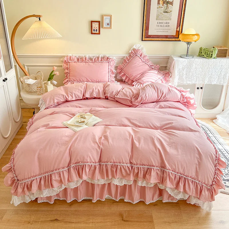 DecorBites™ Korean Princess Style Double Ruffle Bedding Set for Queen King Bed