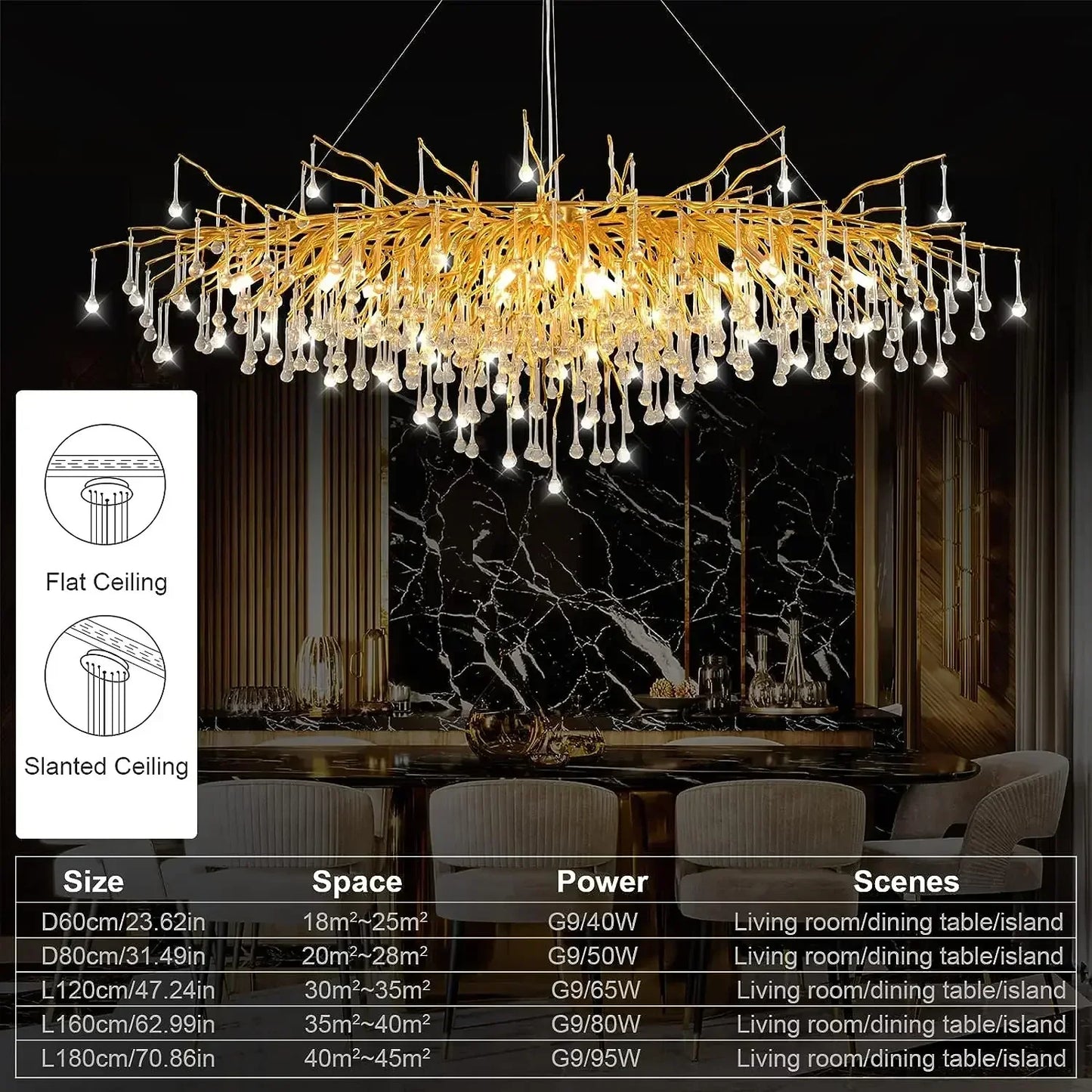 DecorBites™ Gold Nordic Crystal Chandelier - Long Branch Teardrop Design