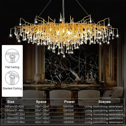 DecorBites™ Gold Nordic Crystal Chandelier - Long Branch Teardrop Design