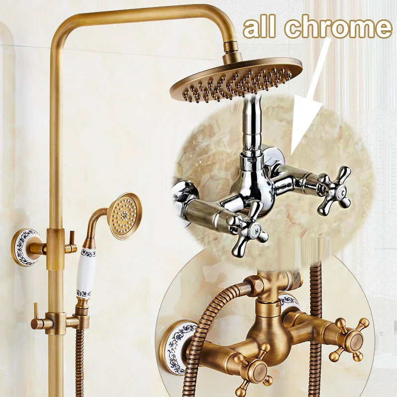 DecorBites™ Antique Brass Bathroom Shower Faucet Set with Handshower, Tub Spout, and 8" Rainfall Head
