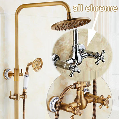 DecorBites™ Antique Brass Bathroom Shower Faucet Set with Handshower, Tub Spout, and 8" Rainfall Head