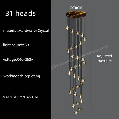 DecorBites™ Black & Gold Crystal Chandelier LED Pendant Light Fixture Loft Staircase Lighting