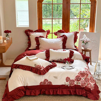 DecorBites™ Butterfly Flowers Embroidery Ruffles Wedding Bedding Set: 1400TC 100% Egyptian Cotton