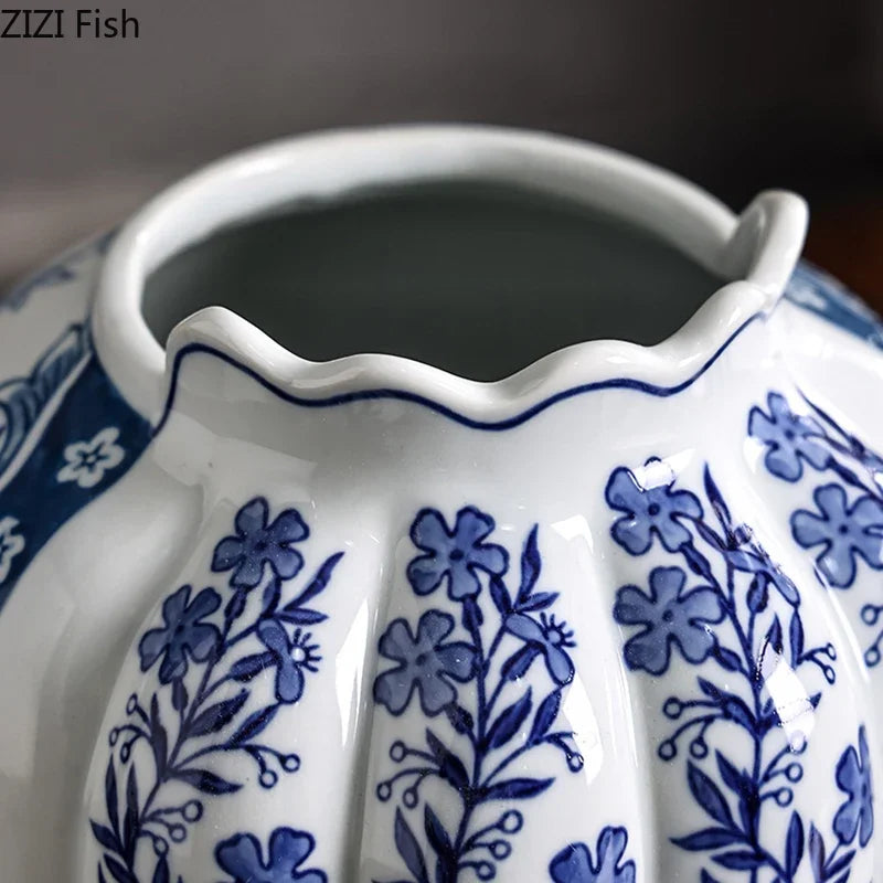 DecorBites™ Blue & White Porcelain Vase Desk Decor with Artificial Flowers