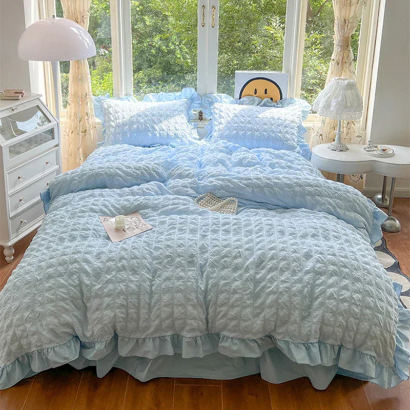 DecorBites™ Korean Princess Soft Bedding Set, Wash Cotton Solid Color Duvet Cover Collection