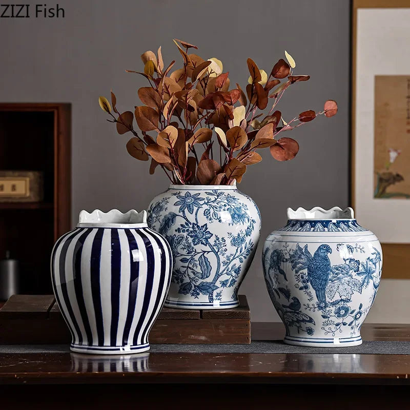 DecorBites™ Blue & White Porcelain Vase Desk Decor with Artificial Flowers