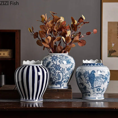 DecorBites™ Blue & White Porcelain Vase Desk Decor with Artificial Flowers