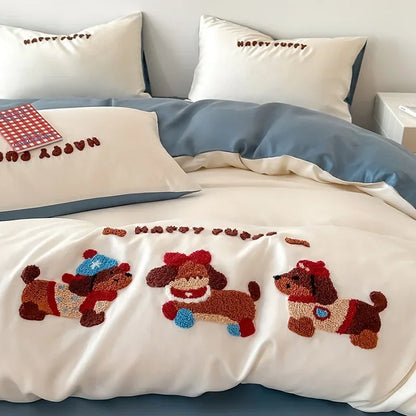 DecorBites™ Cartoon Embroidery Cotton Bedding Set - Summer Cool, Skin Friendly Flat Sheet Kit
