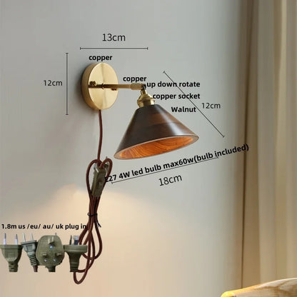 DecorBites™ LED Walnut Wood Wall Sconce Pull Chain Switch Modern Japanese Style Mirror Light