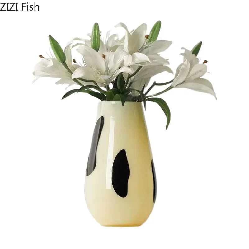DecorBites™ Black Stripes Glass Vase Desk Decoration Artificial Flowers Pots Aesthetic Room Decor