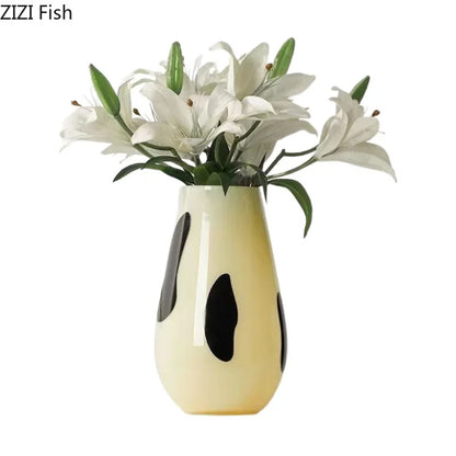 DecorBites™ Black Stripes Glass Vase Desk Decoration Artificial Flowers Pots Aesthetic Room Decor