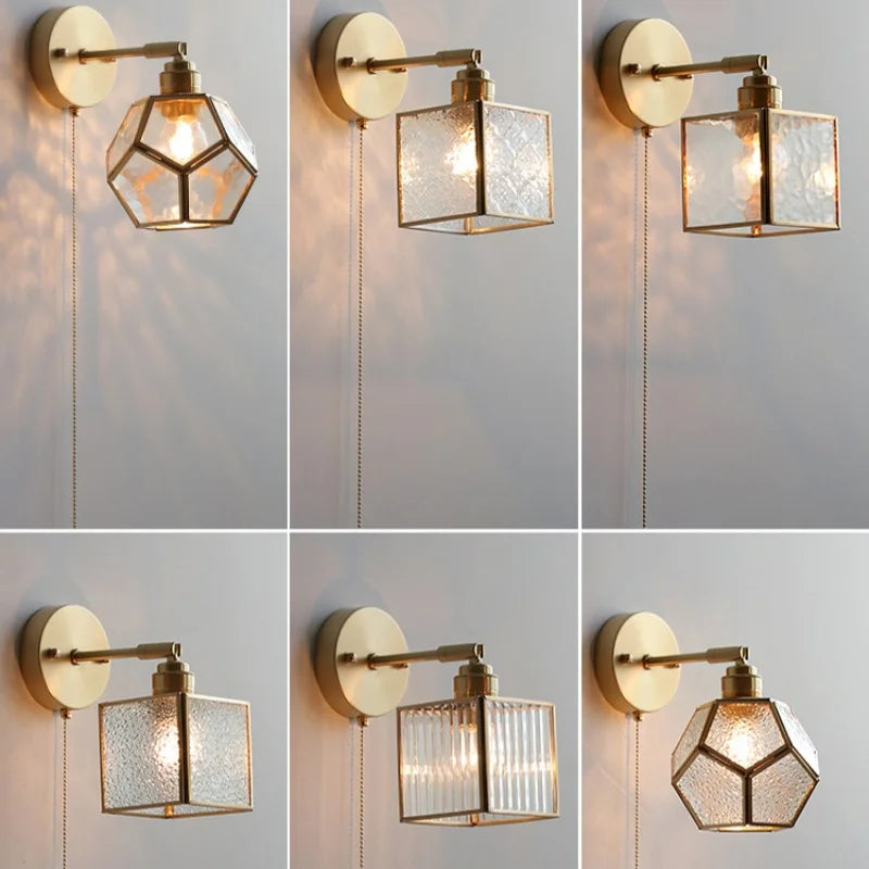 DecorBites™ Japanese Style LED Wall Light Clear Glass Pull Chain Switch Bedside Lamp