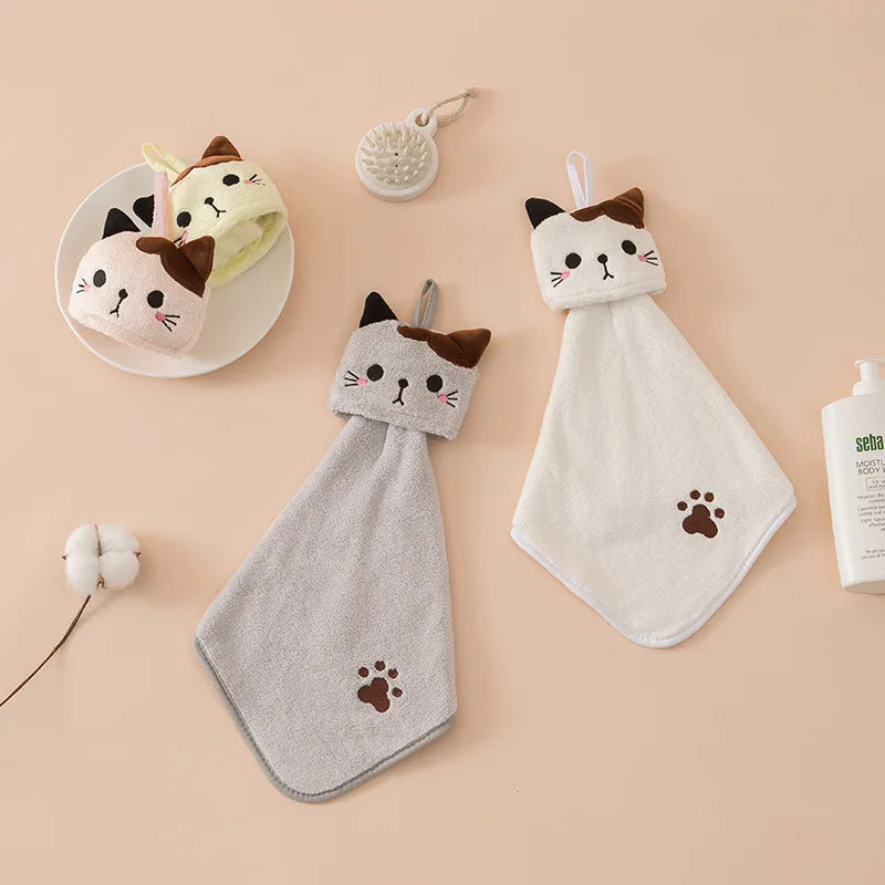 DecorBites™ Cartoon Cat Hand Towel: Thick Coral Velvet Towel for Kitchen & Bathroom