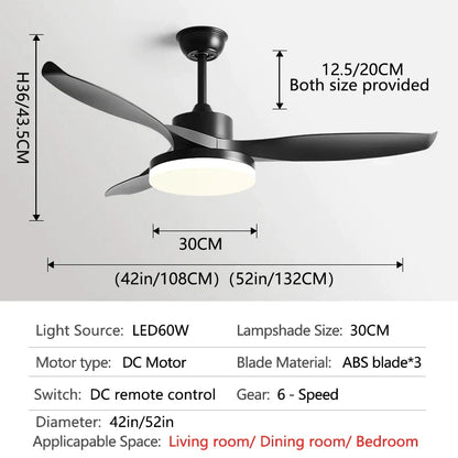 DecorBites™ 52" DC Ceiling Fan with 3 ABS Blades and 60W LED Light, Remote Control
