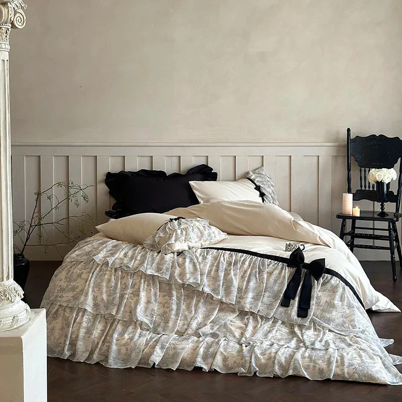 ™ Lace Ruffles Bow Princess Bedding Set: Egyptian Cotton Duvet Cover, Bedskirt, Bedspread, Pillowcases