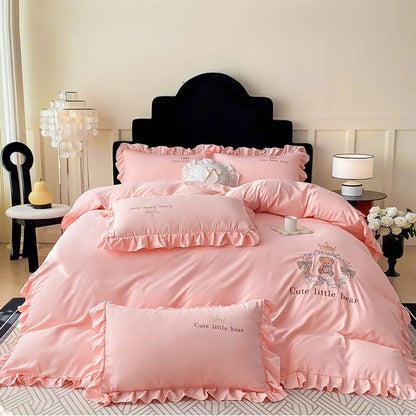 DecorBites™ French Embroidered Cotton Bed Skirt Set with Ruffled Edges