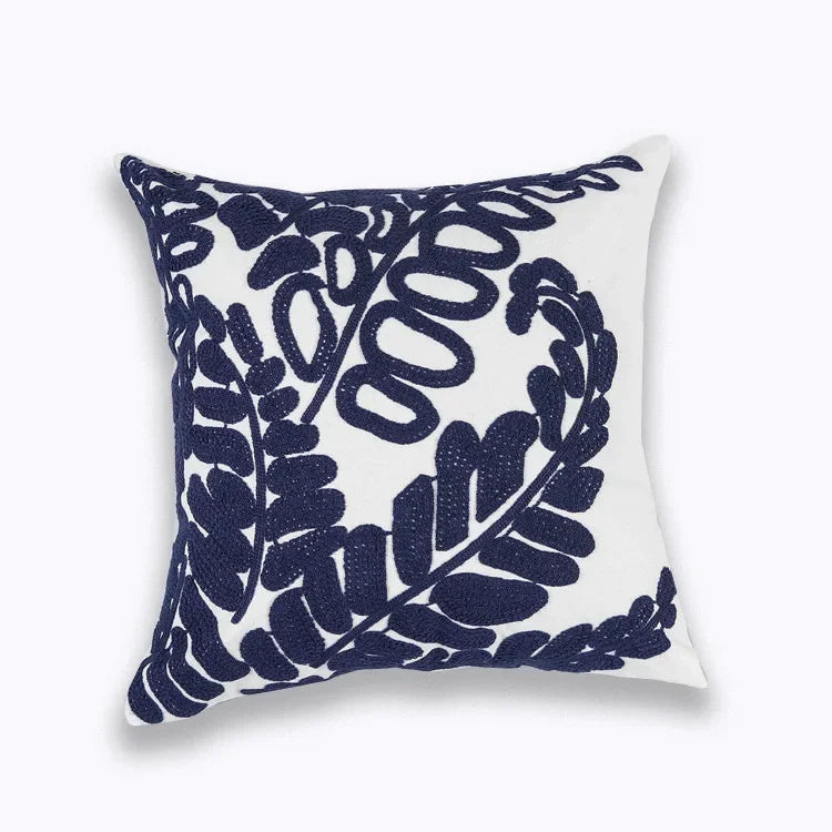 DecorBites™ Blue Floral Mandala Leaves Wave Embroidered 45x45cm Cotton Pillow Cover
