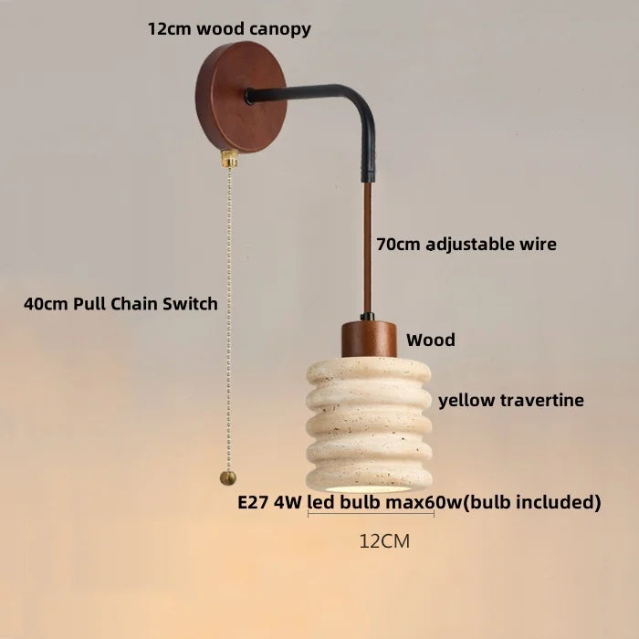 DecorBites™ LED Wall Lamp Pull Chain Switch Wood Nordic Modern Yellow Travertine Mirror Light