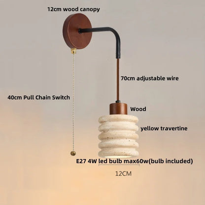DecorBites™ LED Wall Lamp Pull Chain Switch Wood Nordic Modern Yellow Travertine Mirror Light