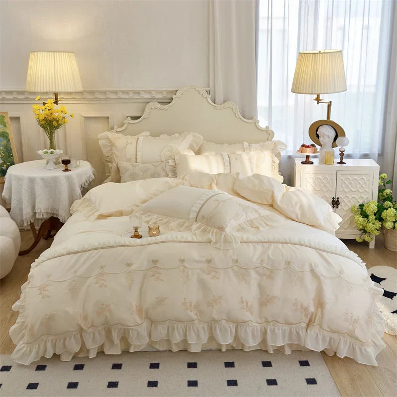DecorBites™ Elegant Heart Embroidery Lace Princess Wedding Bedding Set