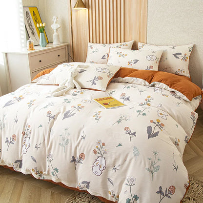 DecorBites™ Green Leaf Print Bedding Set with Flat Sheet & Pillowcase, Single Queen Size