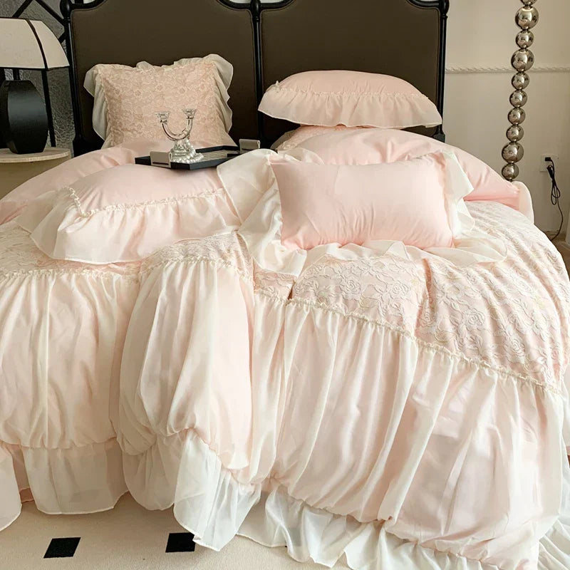 DecorBites™ Pink French Princess Bedding Set, Queen Size, Soft & Cozy with Lace Ruffles
