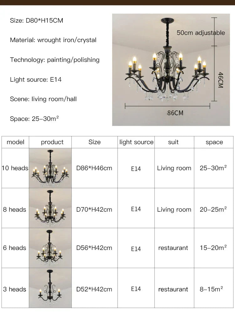 DecorBites™ Black Wrought Iron Crystal Chandelier for Living & Dining Room - Elegance meets Style