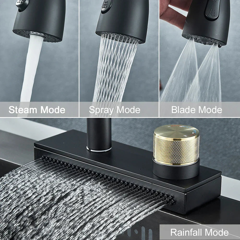 DecorBites™ Black Kitchen Faucet 4 Function Brass Single Hole Mixer Deck Mounted