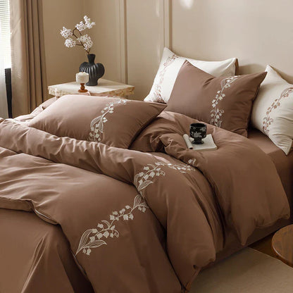 DecorBites™ Elegant Lily of the Valley Embroidery Brown Cotton Bedding Set