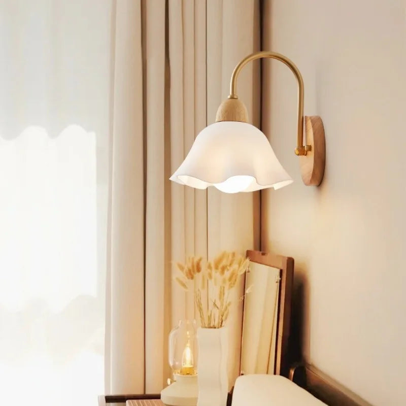 DecorBites™ Cream LED Wooden Flower Wall Lamp, Modern Bedroom Bedside Reading Light