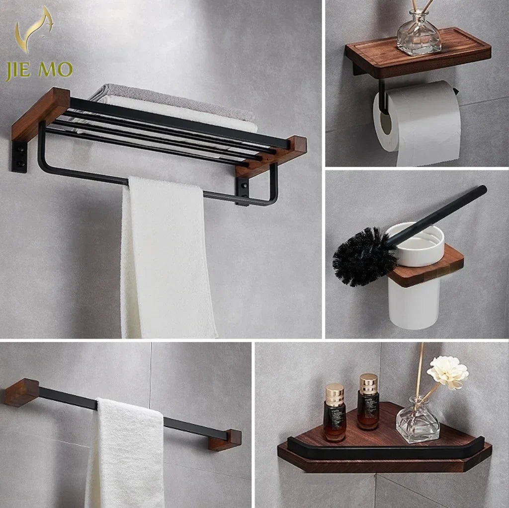DecorBites™ Black Walnut Bathroom Set: Towel Rack, Bar, Shelf, Toilet Paper Holder, Brush Stand