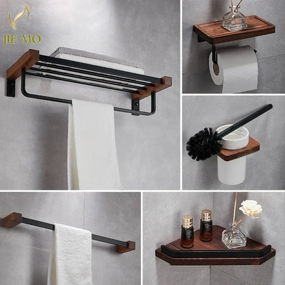 DecorBites™ Black Walnut Bathroom Set: Towel Rack, Bar, Shelf, Toilet Paper Holder, Brush Stand
