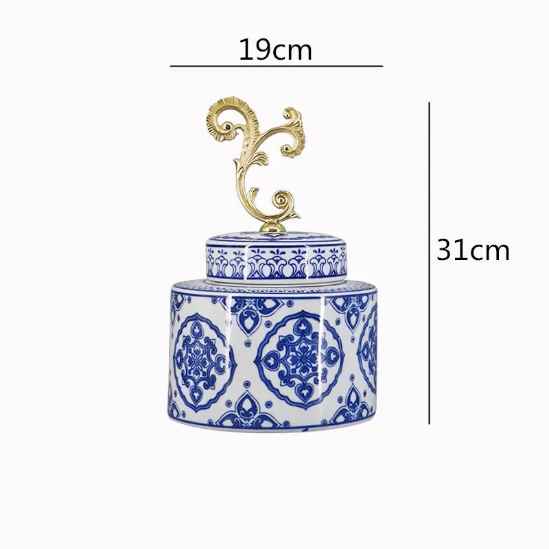 DecorBites™ Blue & White Porcelain Covered Vase Jar: Retro Chinese Home Decor Flower Arrangement & Organization