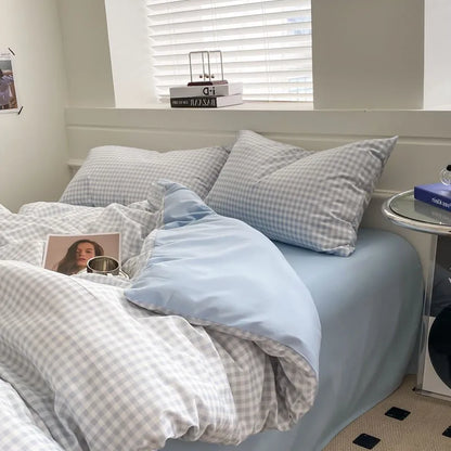 ™ Japanese Grid Printed Cotton Bedding Set in Queen/King for Cozy Sleep