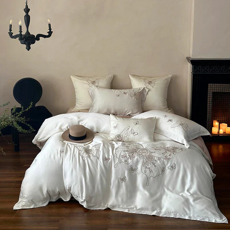 DecorBites™ Butterfly Flowers Embroidery 800TC Eucalyptus Fiber Bedding Set