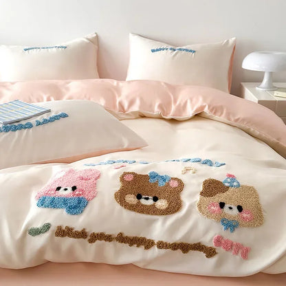 DecorBites™ Cartoon Embroidered Cotton Bedding Set with Ice Silk Cooling Technology
