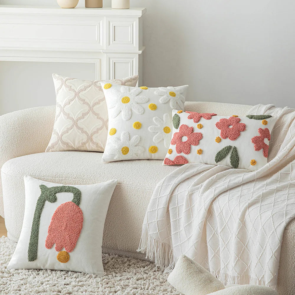 DecorBites™ Geometric Embroidery Beige Floor Pillow Cover for Living Room Sofa