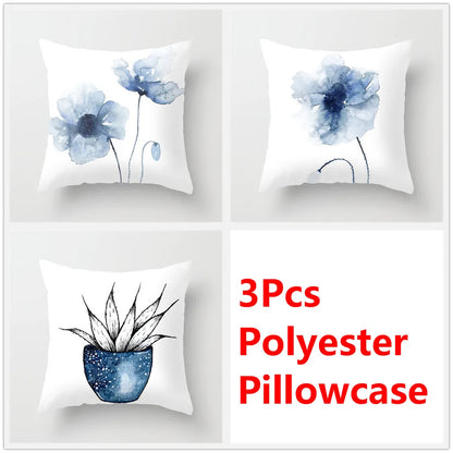 DecorBites™ Blue Ink Flower Cushion Cover Set - Nordic Style Sofa Pillowcase Trio for Home Decoration
