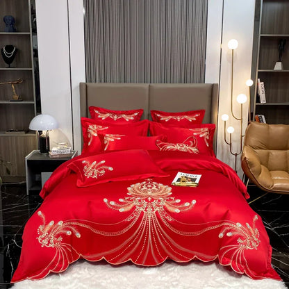DecorBites™ Gold Feather Embroidery Egyptian Cotton Patchwork Bedding Set