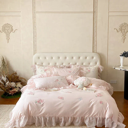 DecorBites™ Butterfly Flowers Lace Ruffles 4Pcs Bedding Set: Duvet Cover, Sheet, Pillowcases