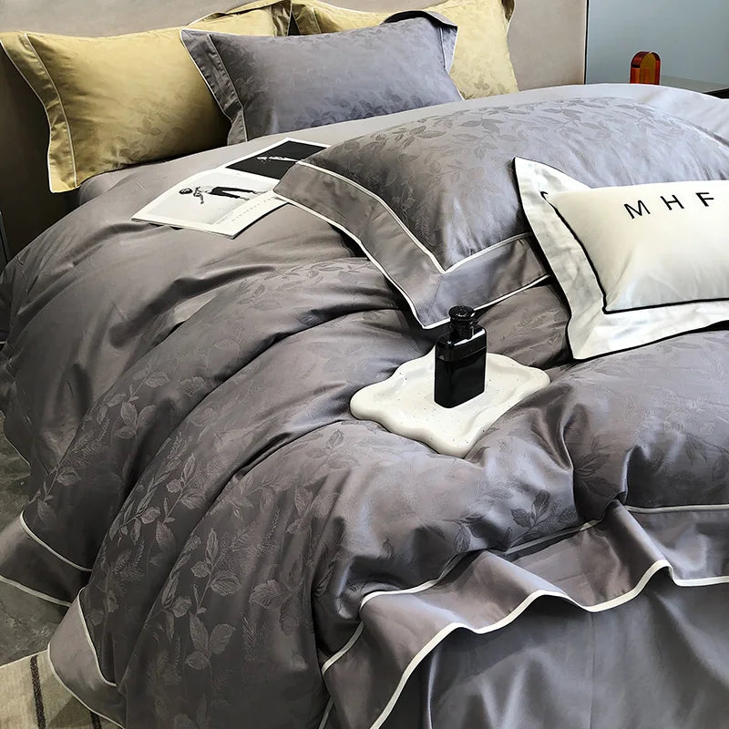 DecorBites™ Jacquard Satin & Egyptian Cotton Patchwork Bedding Set - 4pcs