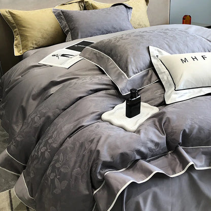 DecorBites™ Jacquard Satin & Egyptian Cotton Patchwork Bedding Set - 4pcs