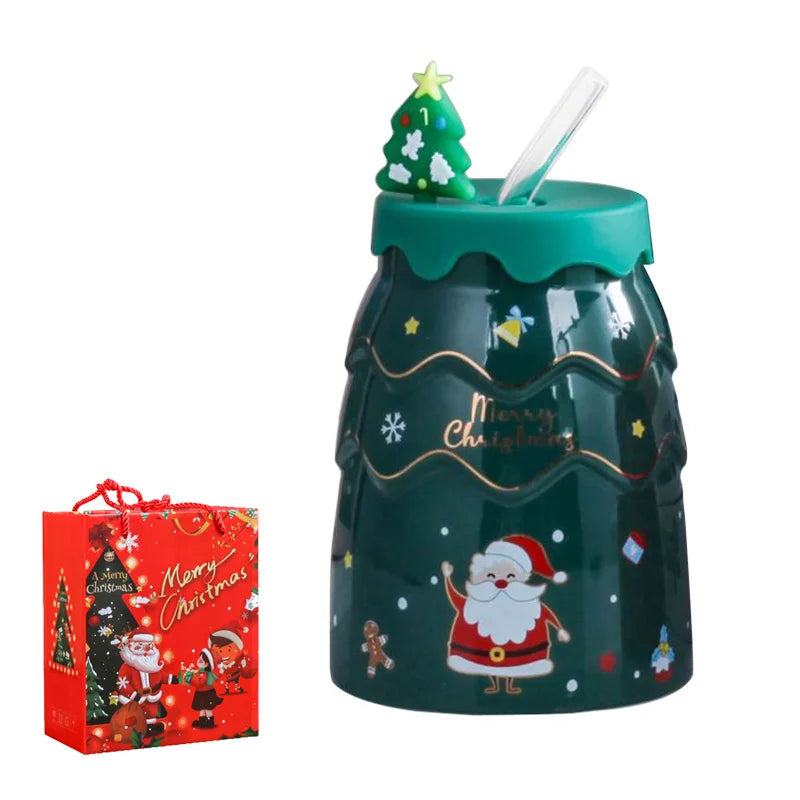 DecorBites™ Christmas Tree Ceramic Mug with Lid Straw for XMAS Gift